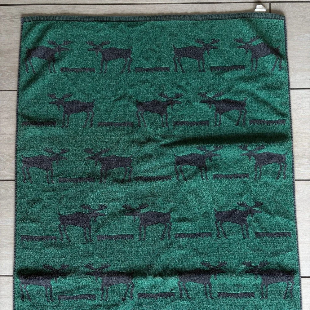 Vintage Kimlor Mills Green Grey Moose Bath Towel Rustic Lodge Cabin Decor 23x46